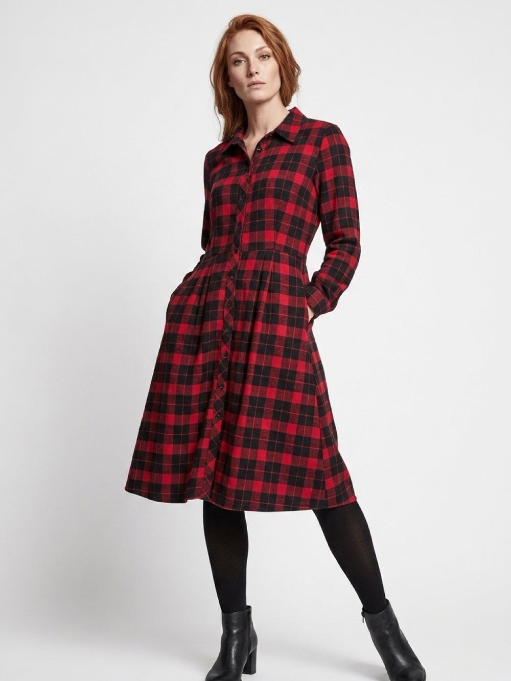 Modcloth Red Flannel Dress Cotton Front Pockets Size 8